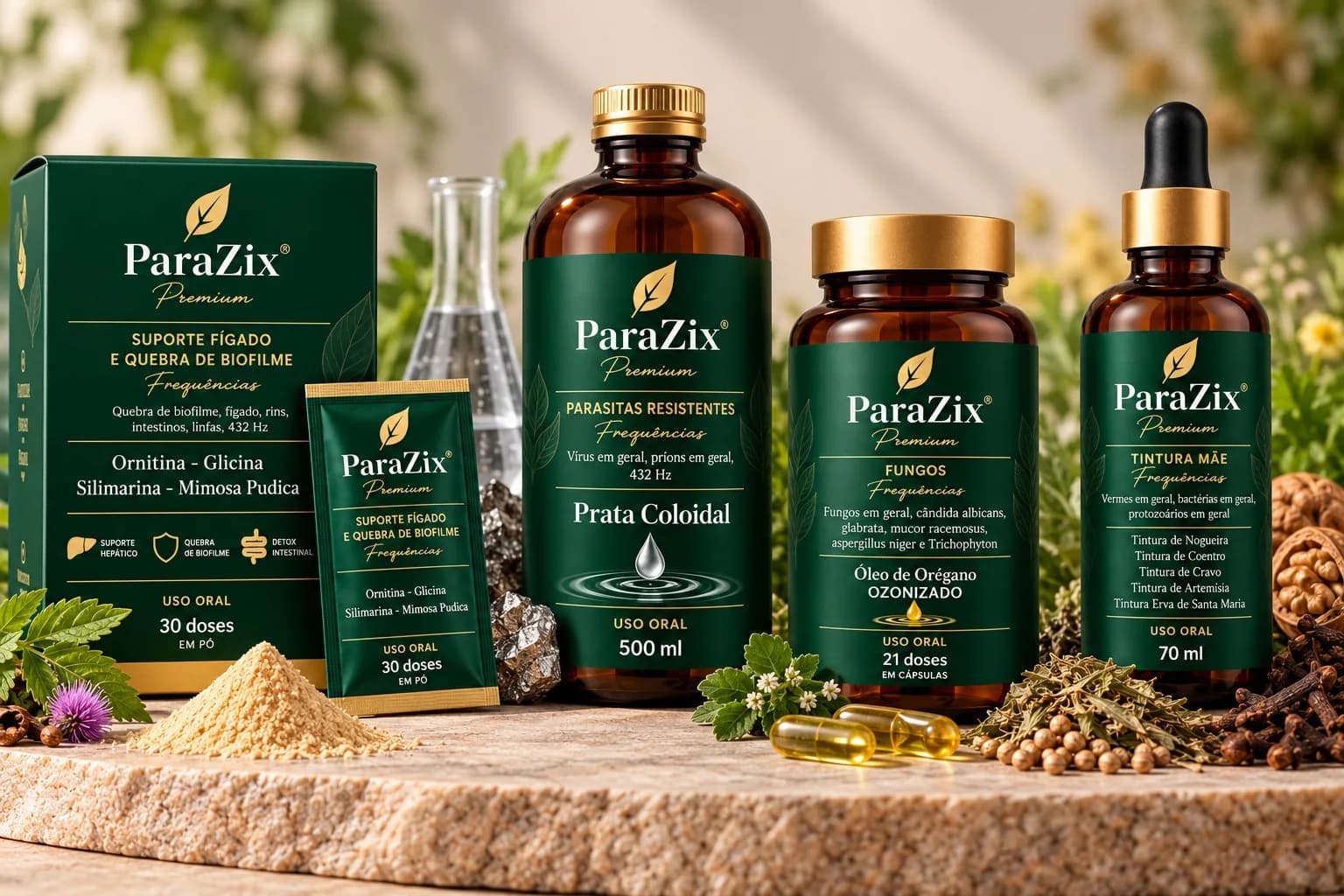 Os produtos do ParaZix Premium sobre uma pedra, com ervas ao redor: a caixa e o sachê do suporte ao fígado, a prata coloidal, o óleo de orégano ozonizado e a tintura-mãe